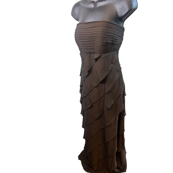 Tadashi 100% Silk Strapless Brown Maxi Dress Ruffle Tiered Formal‎ Gown Size 6 - Picture 2 of 7